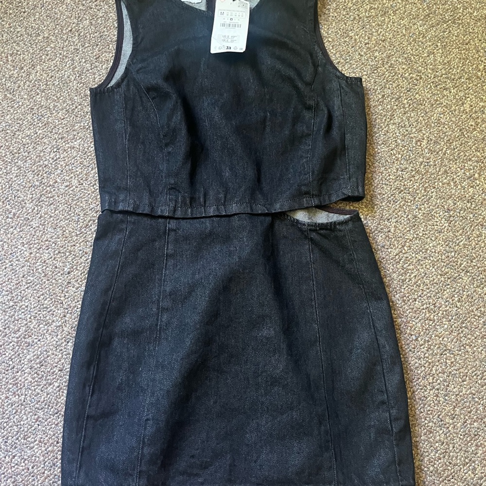 Zara Black Denim Cropped Tank and Mini Skirt Set